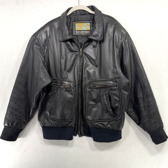 Vintage Stratojac Jacket Men XL Black Geniune Leather Bomber Relaxed Fit 90s - Picture 1 of 16